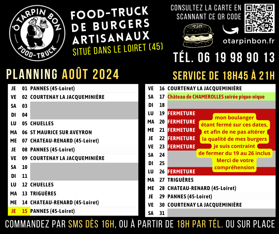 planning des emplacements du food-truck de burgers, avec annonce de fermeture du 19 août au 26 août inclus